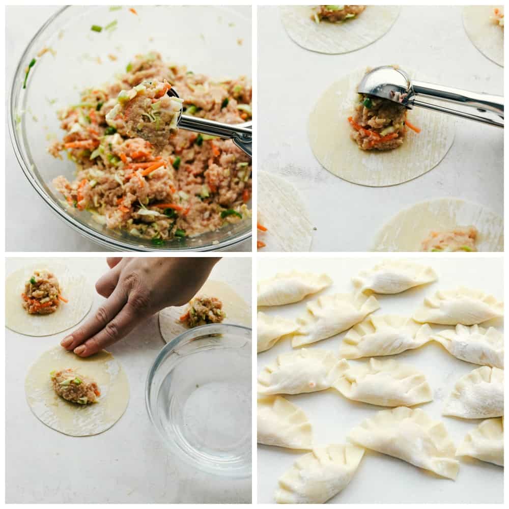 The process of making potstickers. Mixing the ingredients together in a glass bowl, then adding it to the dumpling wrappers and pinching them together.