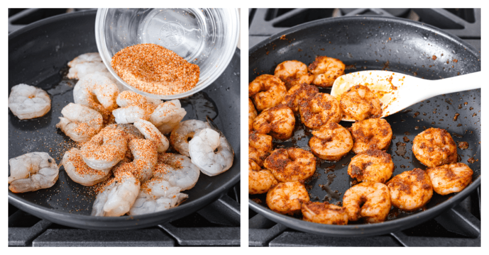 2-photo collage of shrimp being seasoned and cooked in a skillet.
