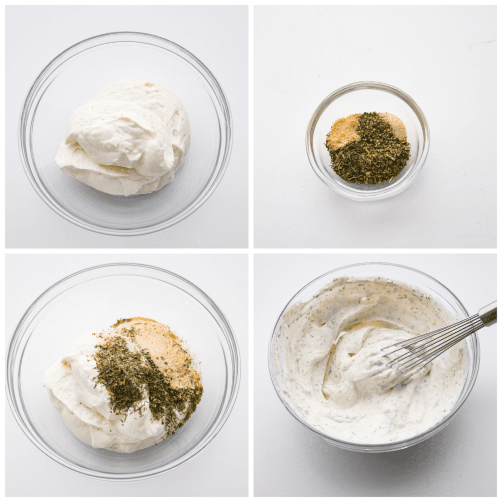 4-photo collage of dip ingredients being added to a glass bowl and mixed together.