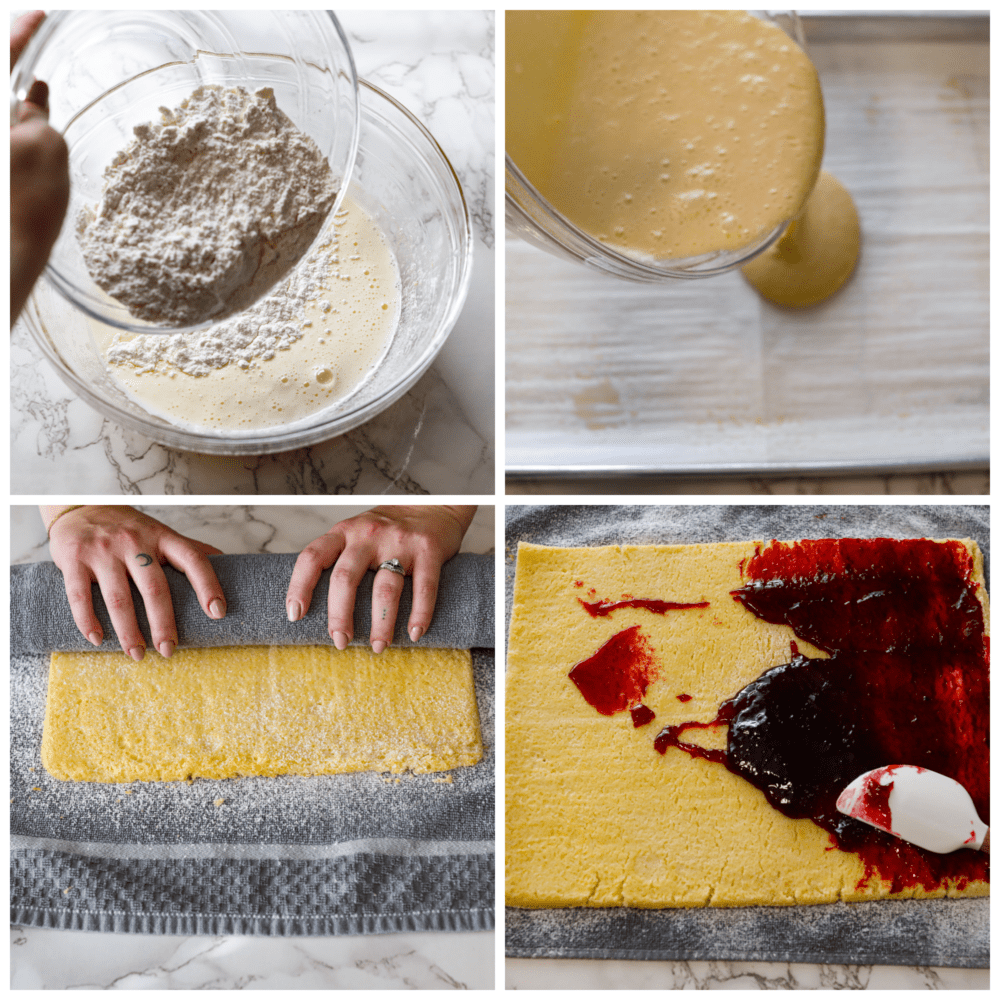 Process photos showing the batter being made, poured onto a pan, rolled into a towel, and then jelly spread on the inside.
