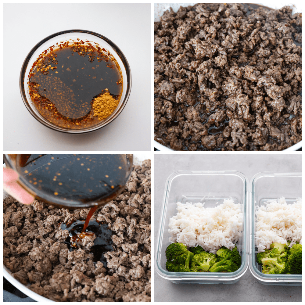 4-photo collage of beef being marinated, cooked, and assembled with rice and veggies in the meal prep containers.