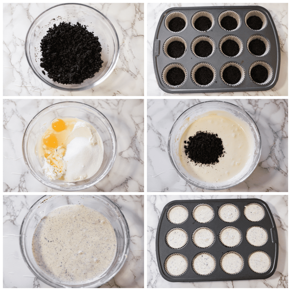 6-photo collage of Oreo crust and cheesecake filling being prepared.