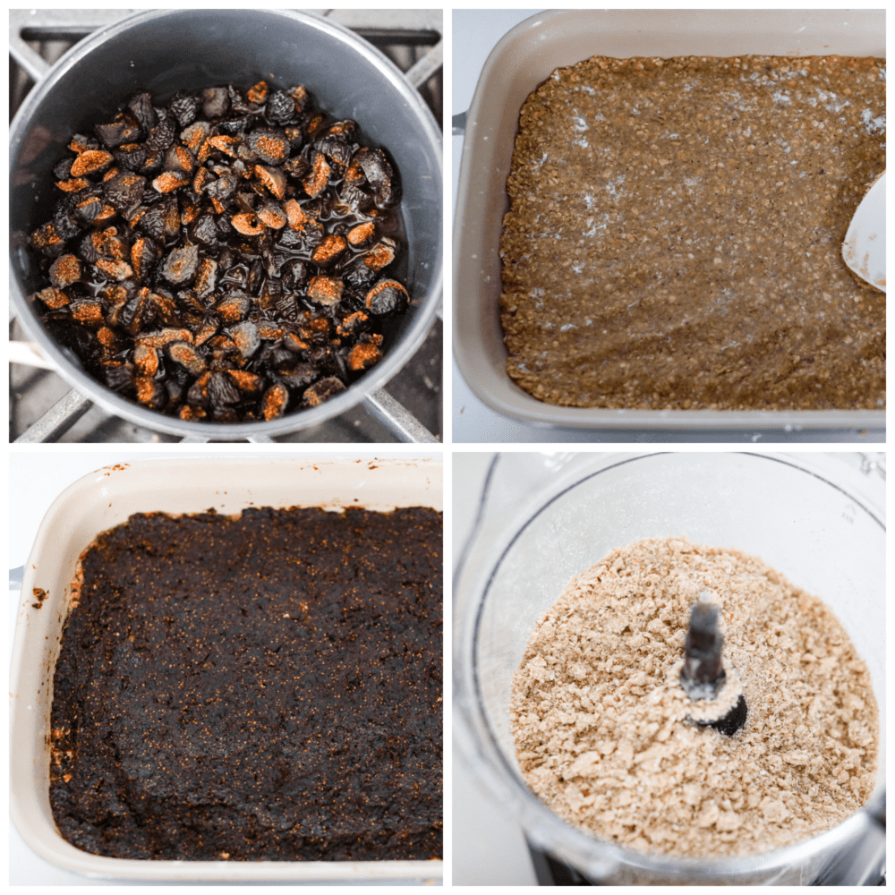 Process photos showing the fig jam being made, then adding the crust, jam, and crumble to the pan.