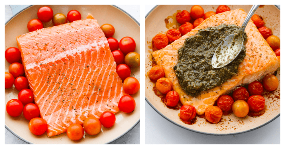 Process photos showing the salmon fresh in the pan, and then seared and being topped with pesto.