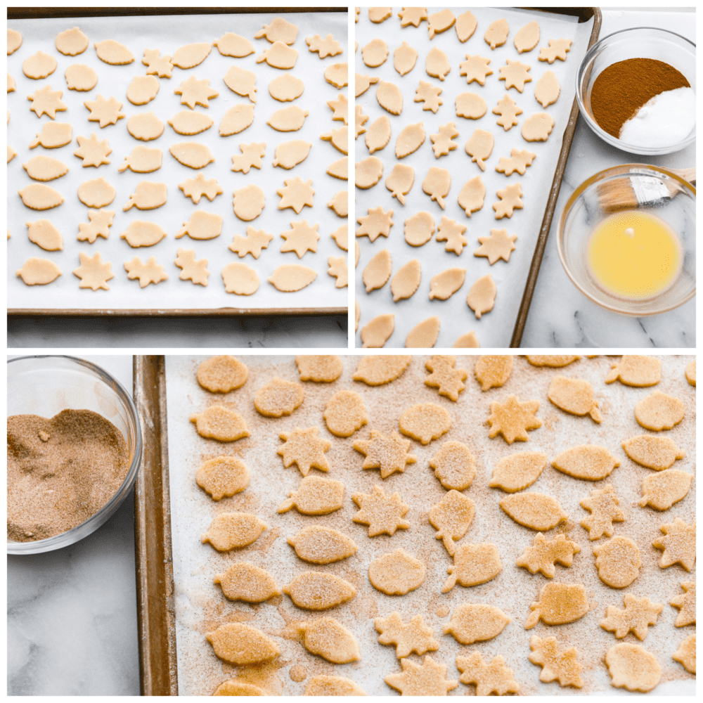 First photo of pie crust cookies cut out in shapes. Second photo of butter and sugar mixture next to the baking sheet of cookies. Third photo of pie crust cookies dusted with cinnamon and sugar.