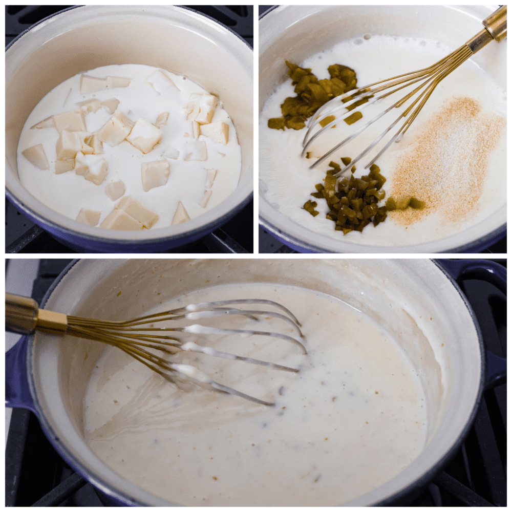 Process photos showing the cheese being melted in a pot, the seasonings added, and then it all melted together.