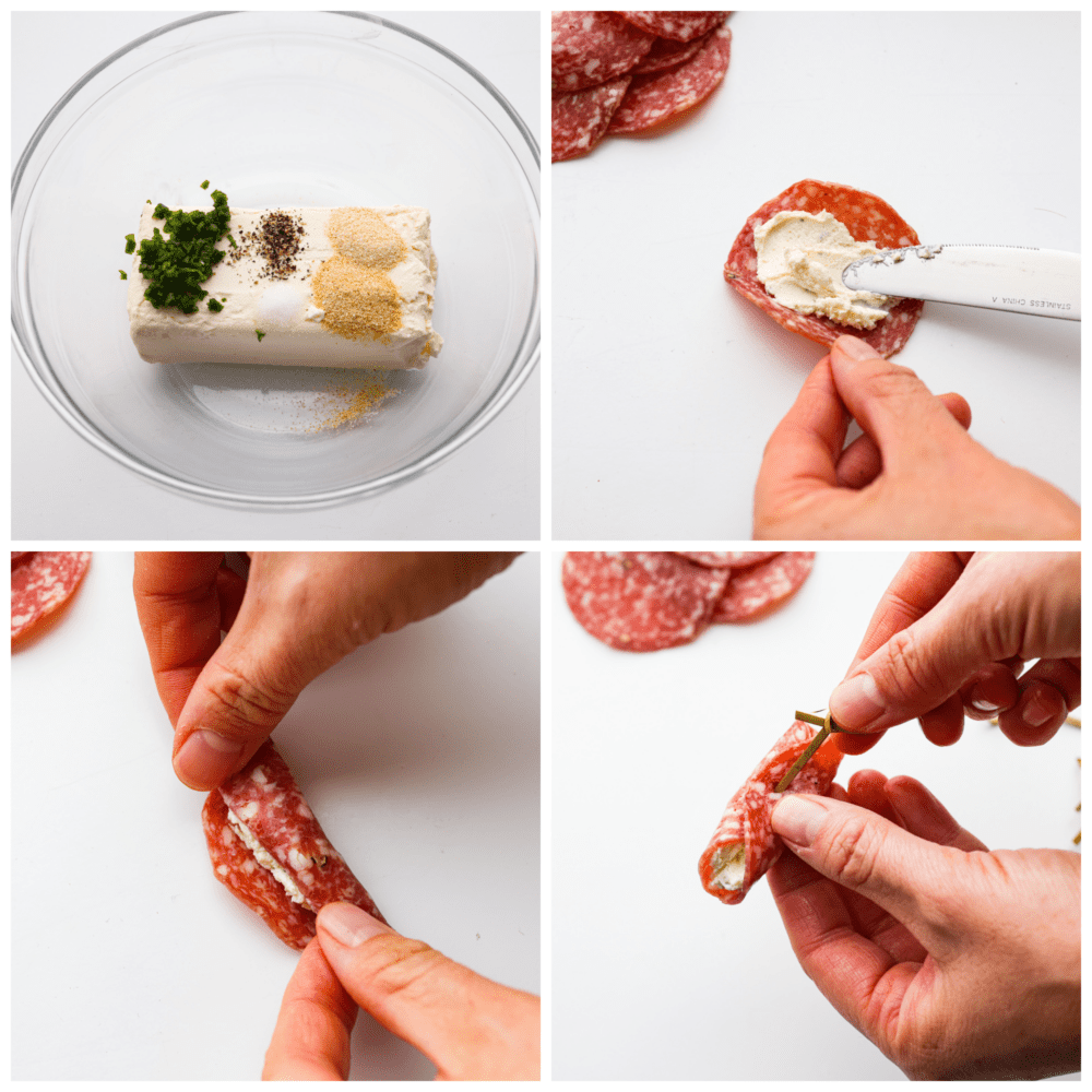Process photos showing making the cream cheese filling, spreading it on the salami, rolling it up, and putting the toothpick in.