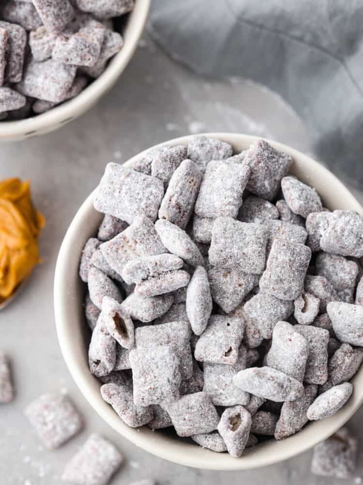 Muddy buddies in a white and black bowl