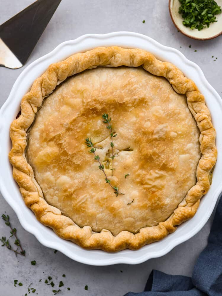 An overhead view of a whole absolutely perfect chicken pot pie.