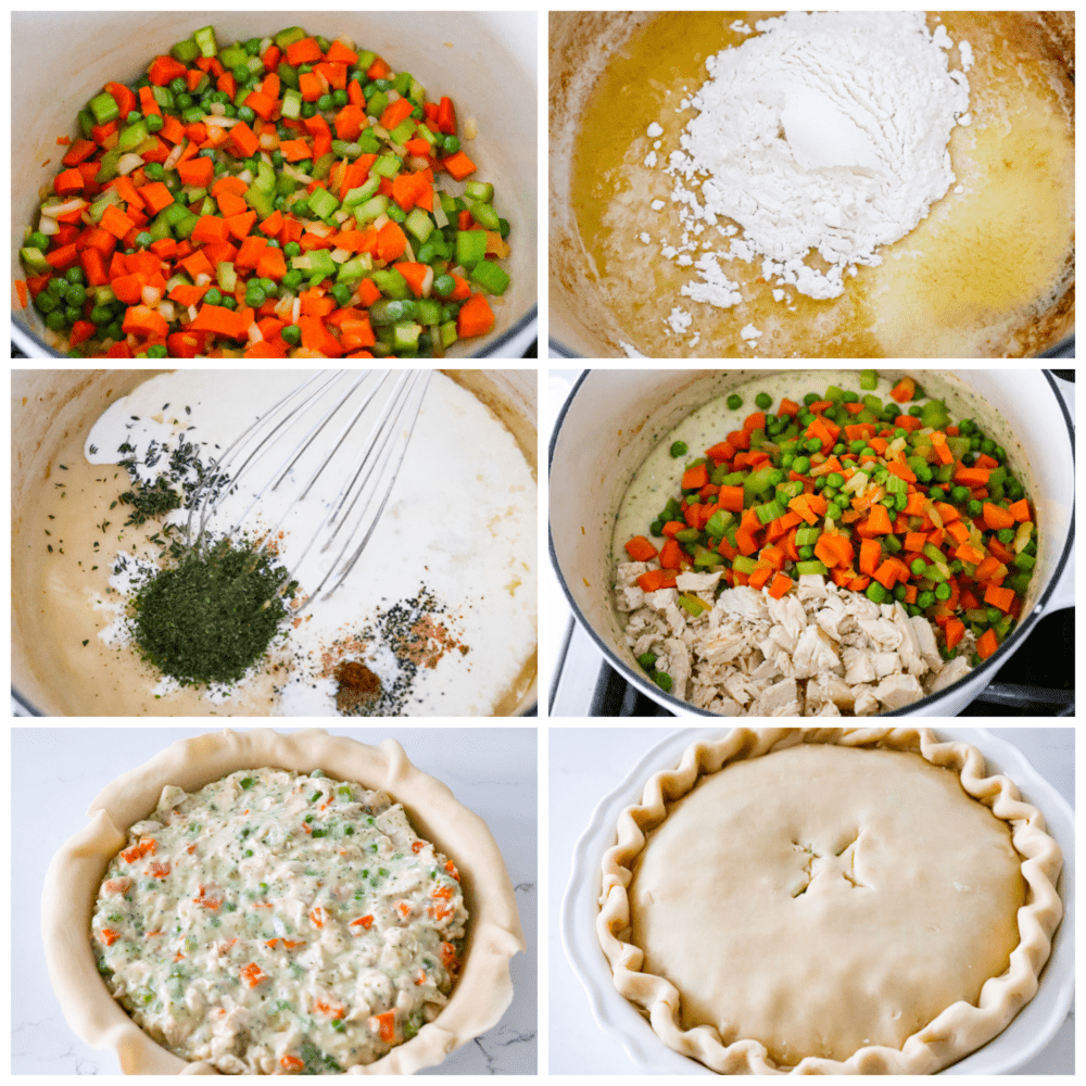 Process photos showing the veggies in a pot, the roux being made, the ingredients added back in, and then topped with pie crust.