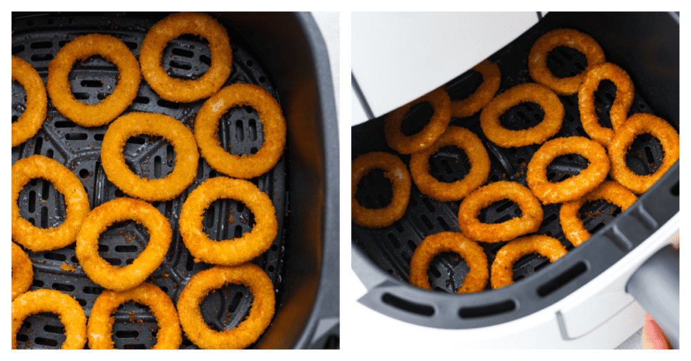 Process photos showing the onion rings in an air fryer.