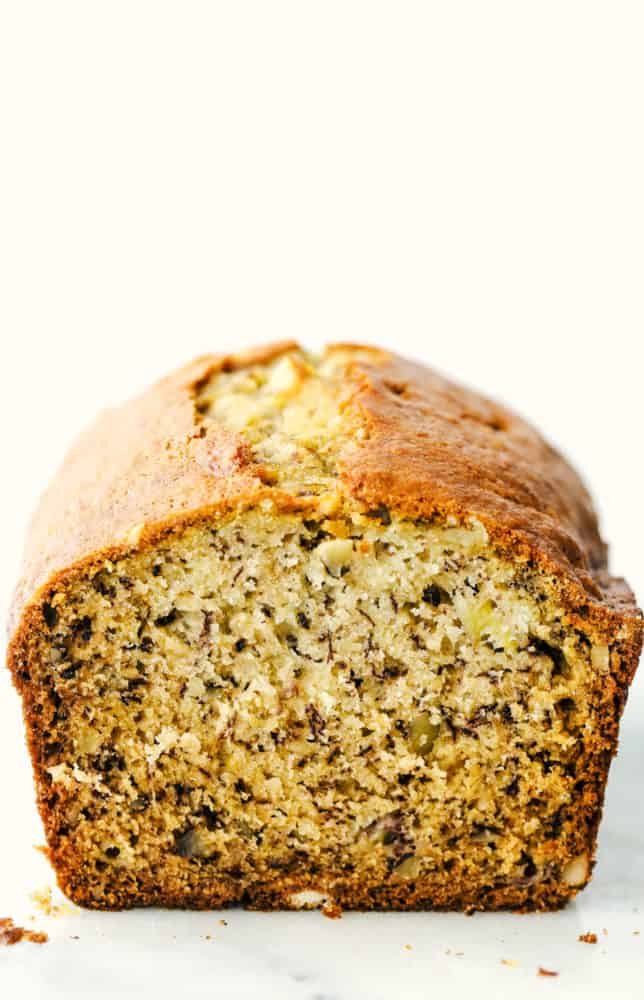 Front view of a loaf of banana bread.