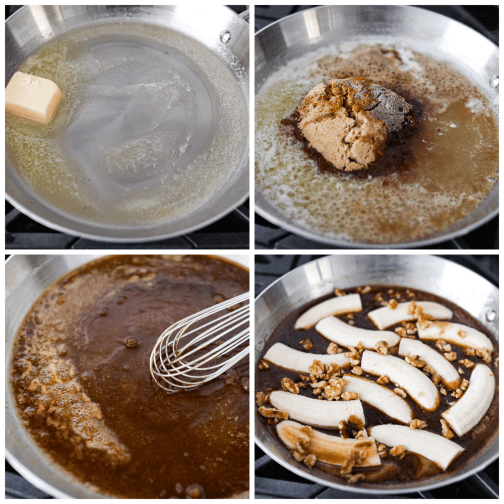 4-photo collage of bananas being cooked in a brown sugar, rum, and butter mixture.