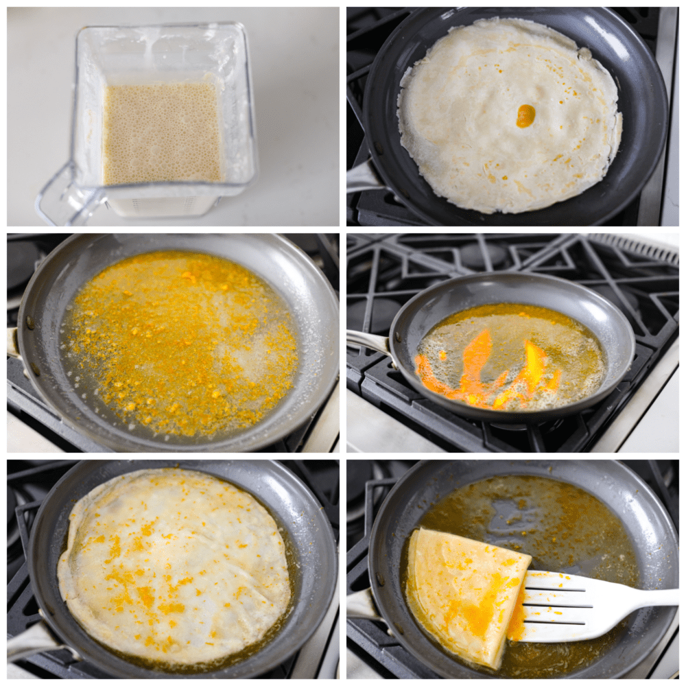 6-photo collage of crepes suzette being cooked and ignited with orange liqueur.