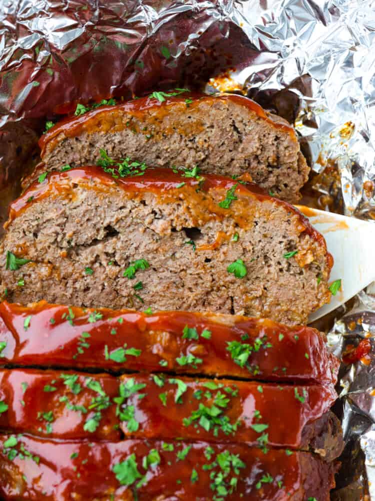 Closeup of a slice of meatloaf.