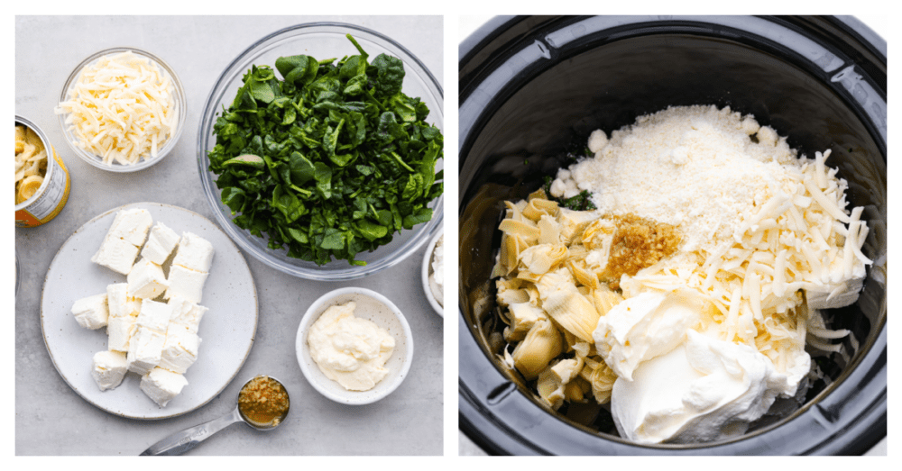 2-photo collage of dip ingredients being added to a slow cooker.