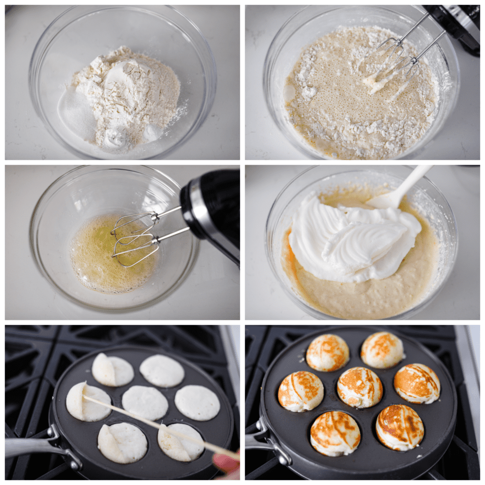 Process photos showing the batter being made and then being cooked in the pan.