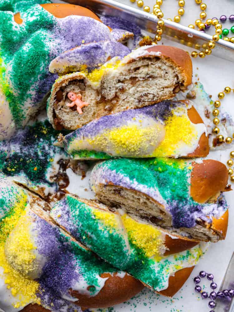 King cake cut into slices.