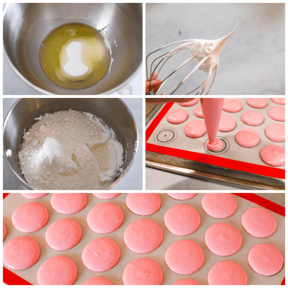 Showing the process of making a meringue and adding the dry ingredients and piping out the cookies.