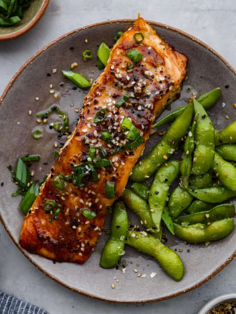 A piece of salmon on a plate with edamame.