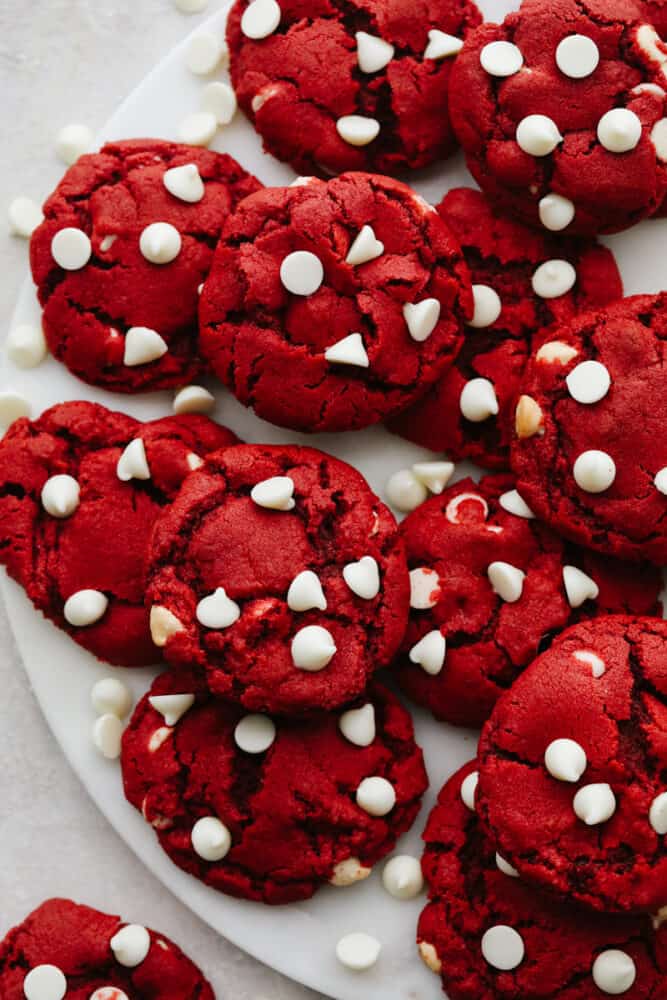 Red velvet cookies on a white plate.