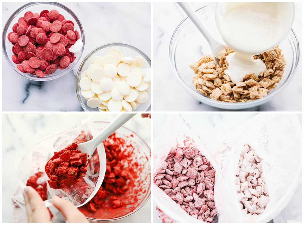 The process of making sweetheart valentines buddies with red and white colored melts, melted and poured over Chex mix then stirred together and covered in a powder sugar in a bag.
