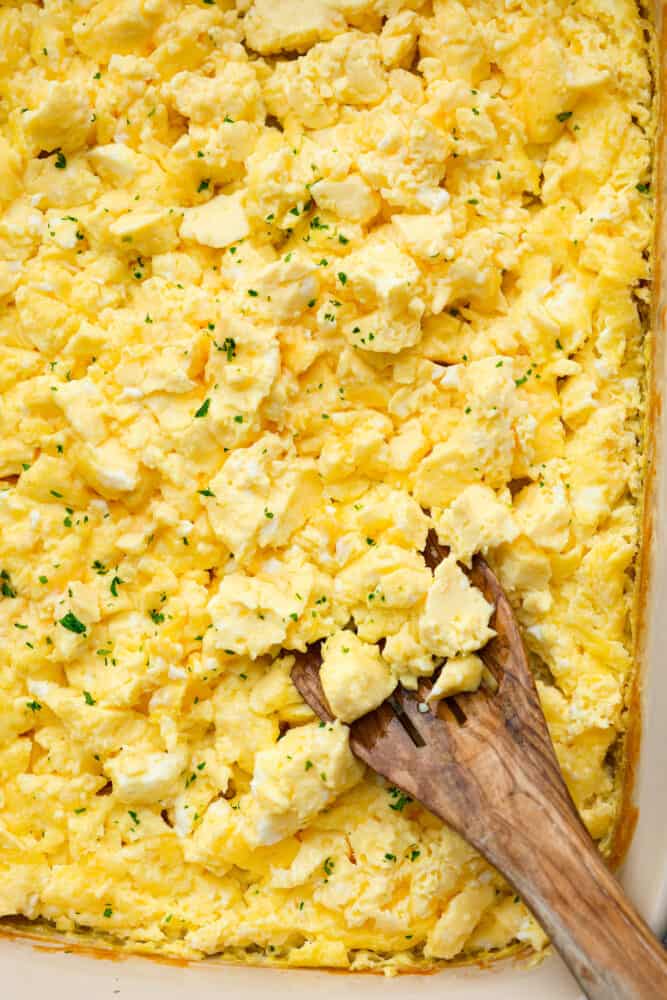 A close up on the baked scrambled eggs.