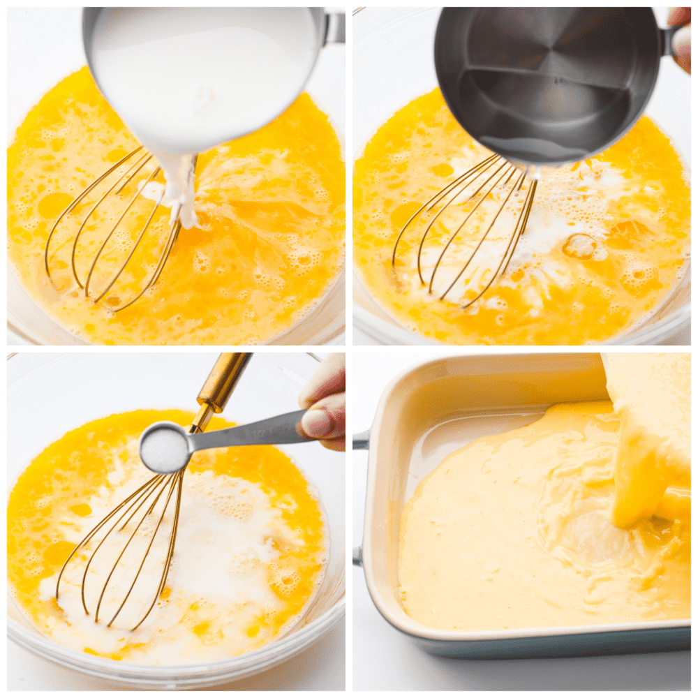 Process photos showing how to add the ingredients, mix them together, and add them to the pan.