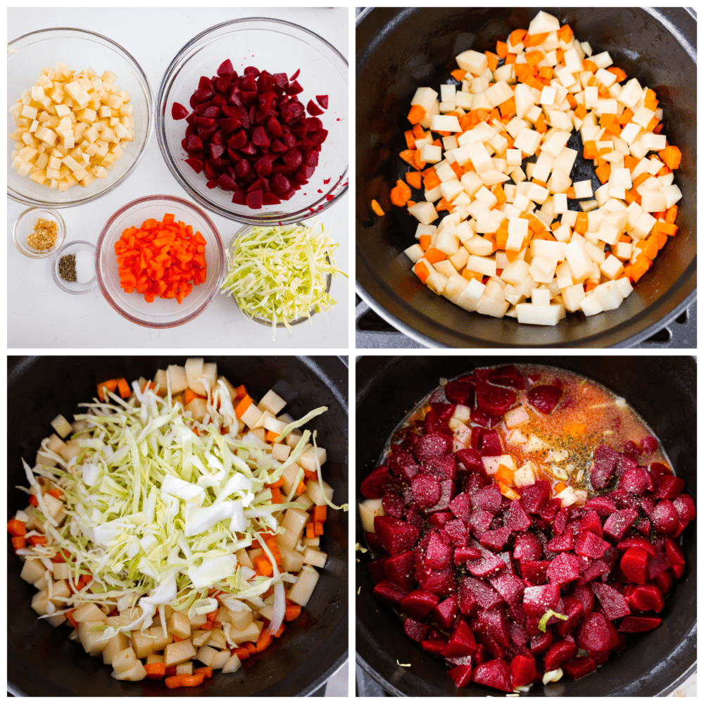 4-photo collage of vegetables being sauteed and added to a soup pot.