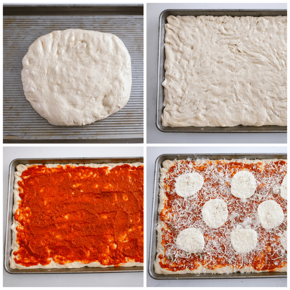 4-photo collage of pizza being prepared.