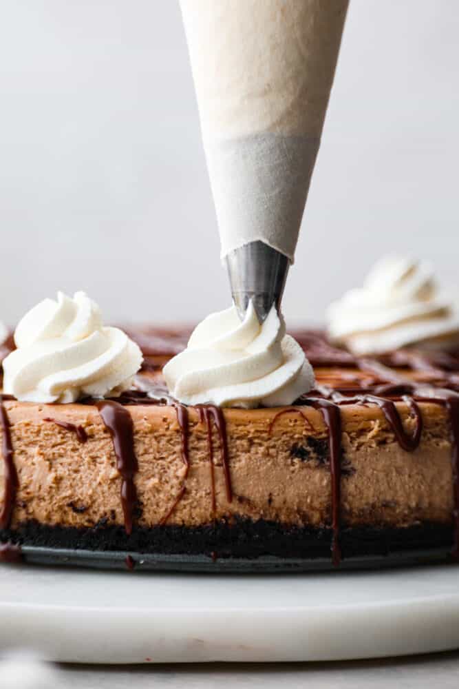 Cream being pipes onto the top of a chocolate cheesecake.