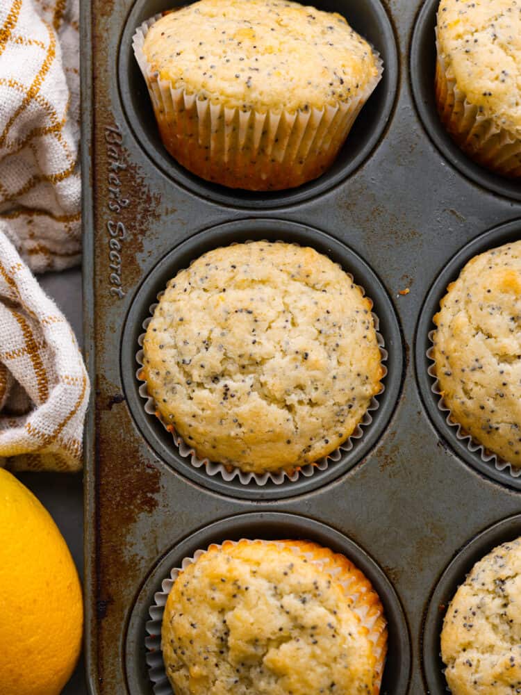 Closeup of cooked muffins in the pan.