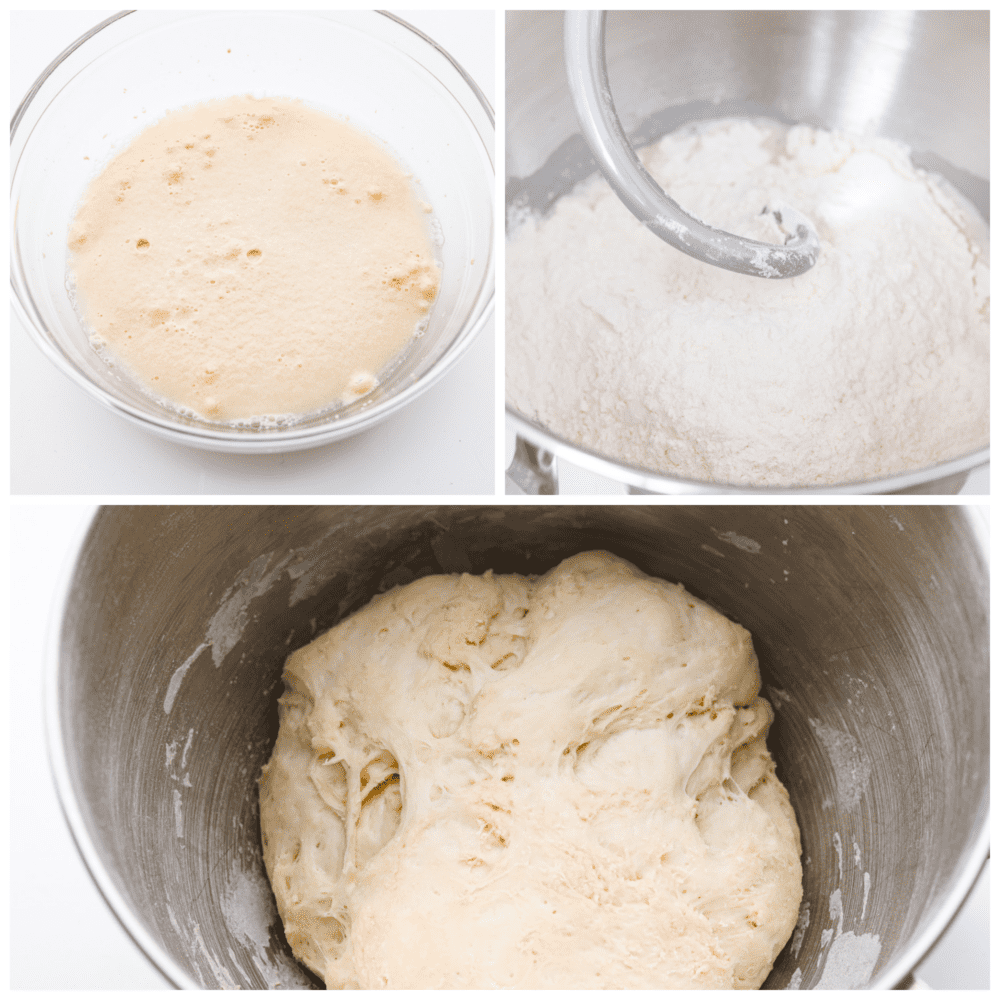 3-photo collage of dough ingredients being mixed together.