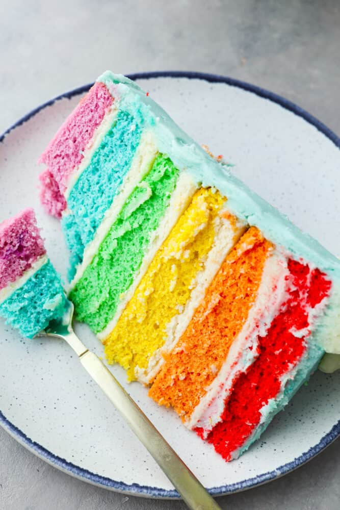 A slice of rainbow cake on a blue and white plate.