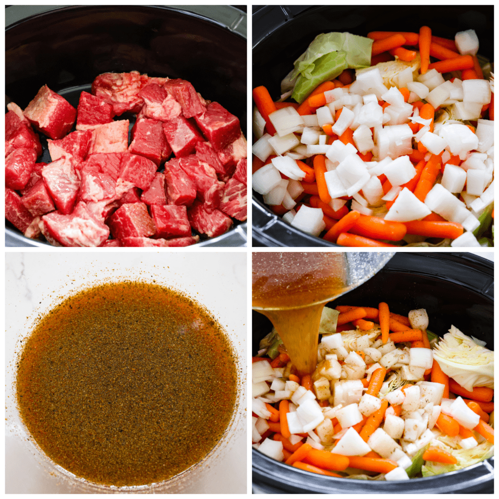 Process photos showing how to prepare the meat, veggies, broth, and add it to pot.