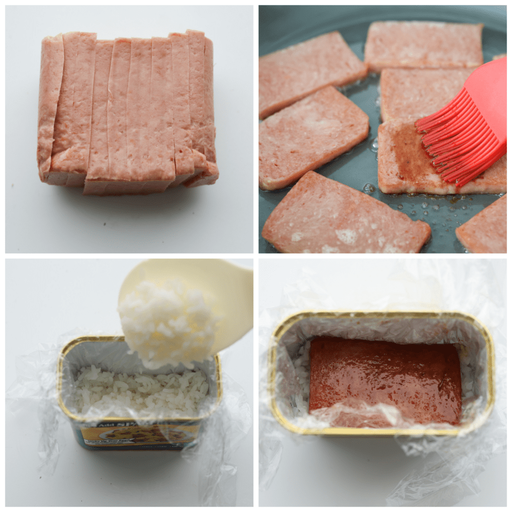 4-photo collage of spam being prepared.