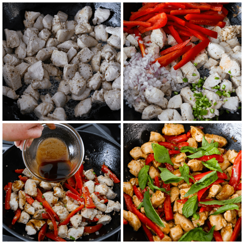 Process photos showing how to cook the ingredients in a wok.