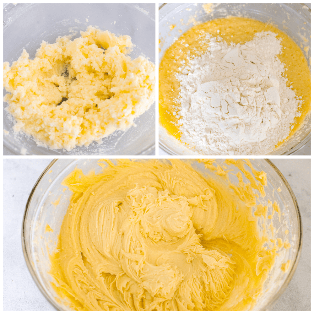 Process photos showing how to mix the butter, add other ingredients, and the finished batter.