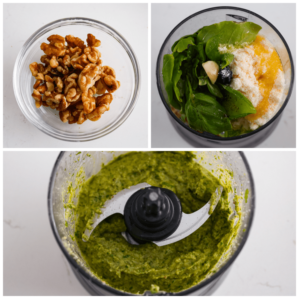 3-photo collage of ingredients being blended together.