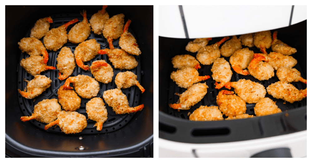 Frozen shrimp being added to the basket of an air fryer.