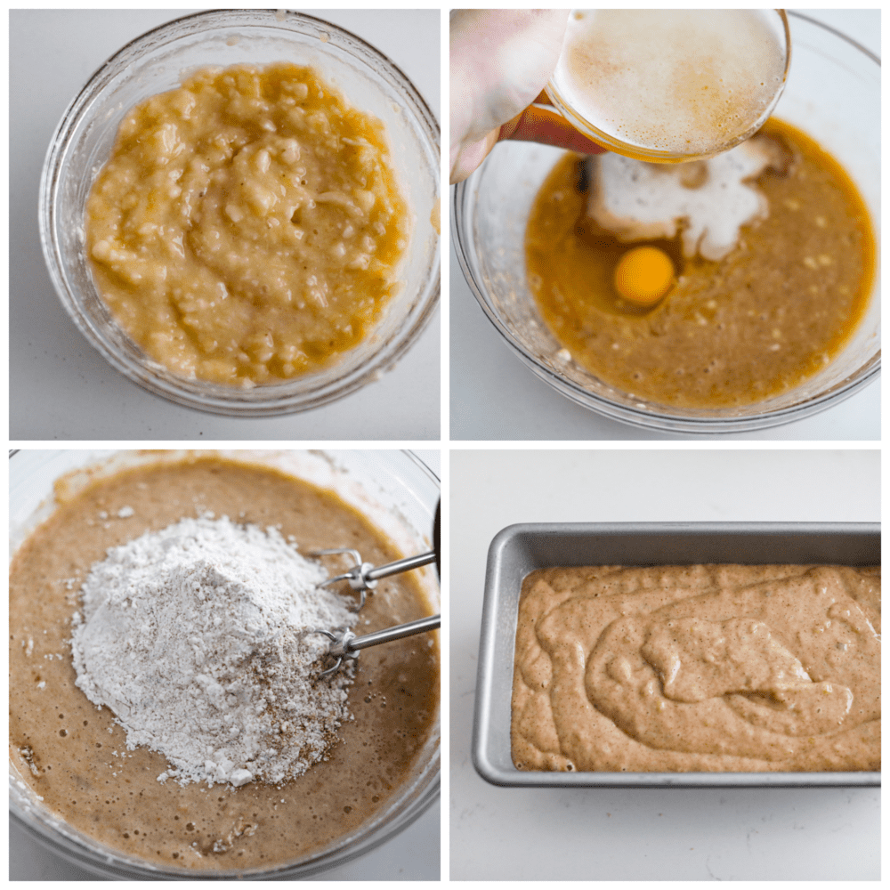 Collage of the batter being mixed together and added to a loaf pan.