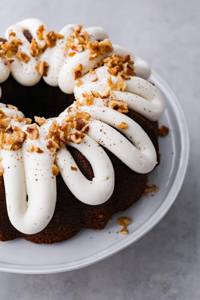 Carrot bundt cake with cream cheese frosting.