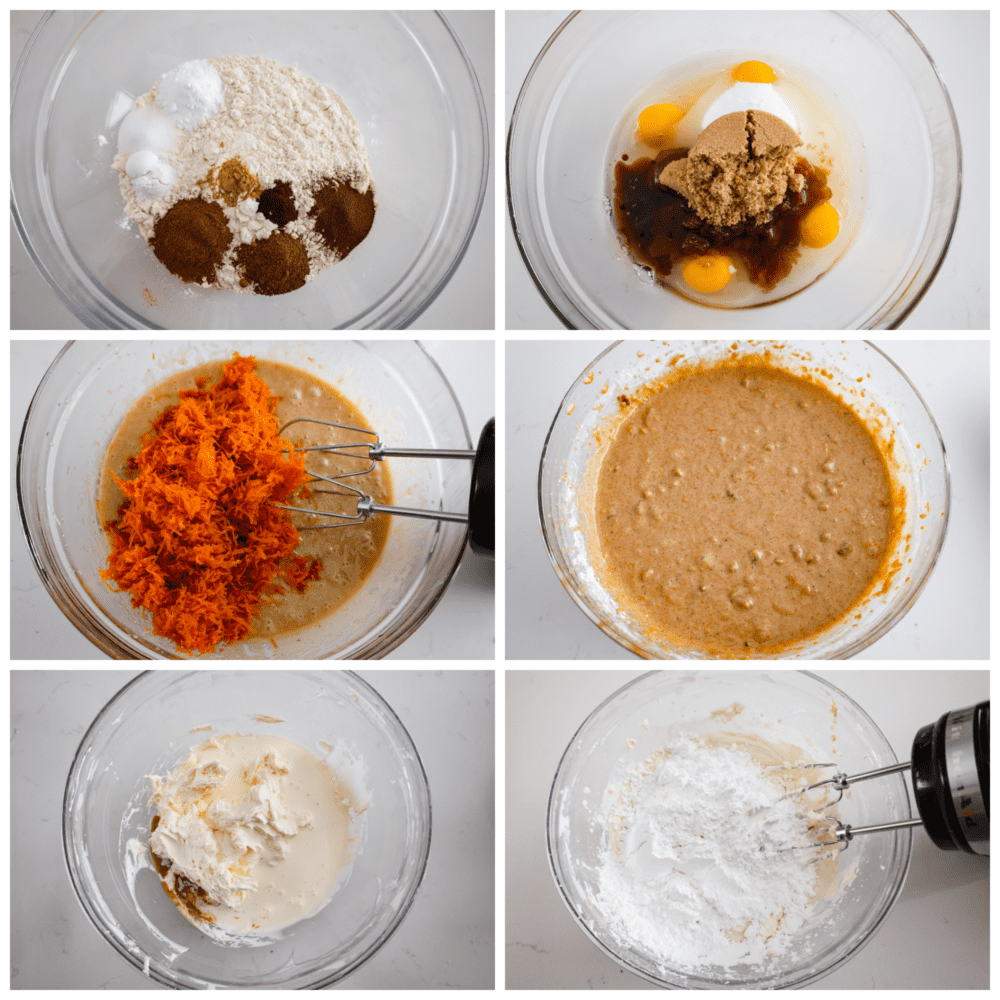 Process photos showing how to mix the batter and the frosting.