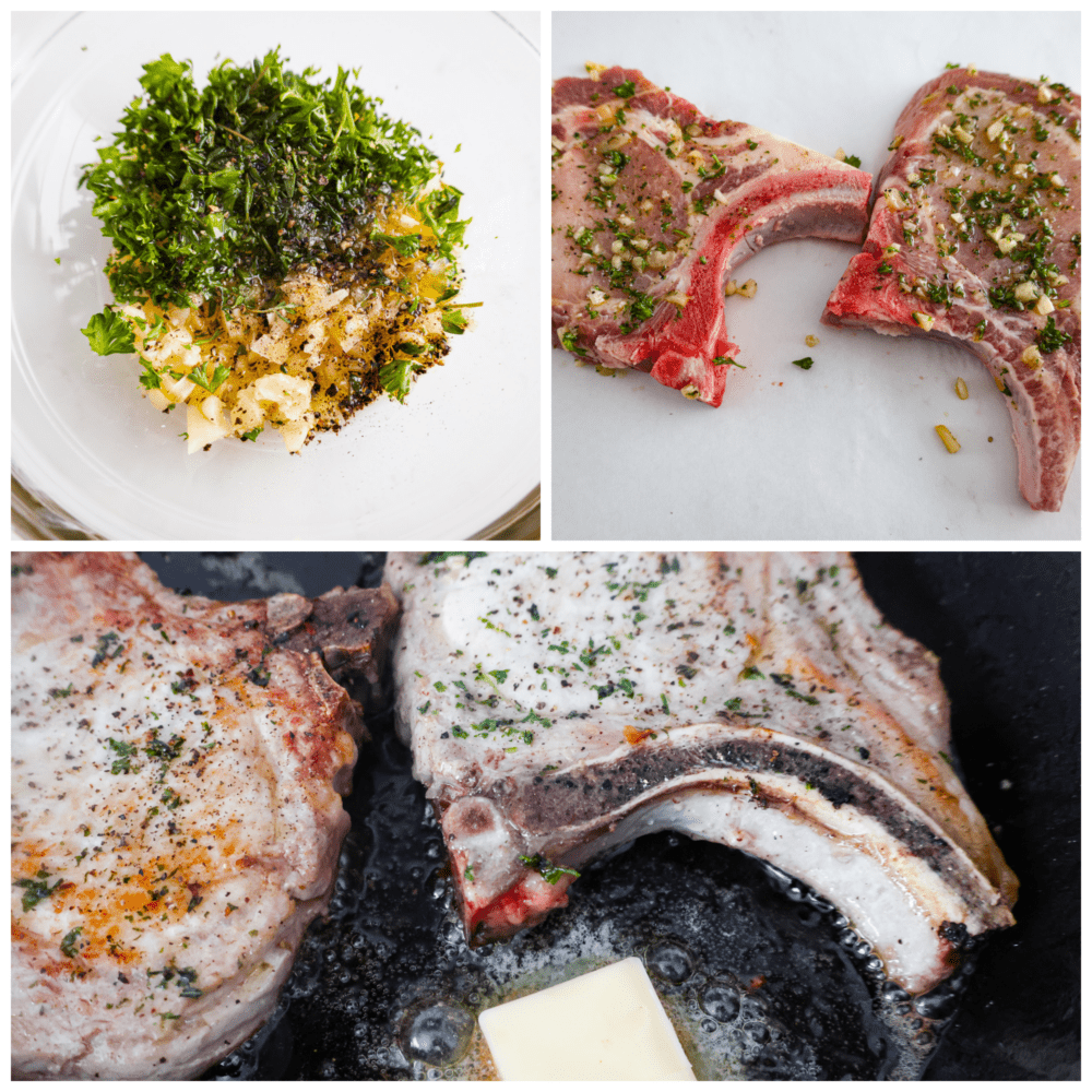 Process photos showing the herb rub being added to the pork and then added to the skillet.