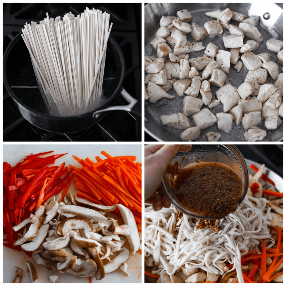 Process photos showing how to cook the noodles, the meat, and prepare the sauce.