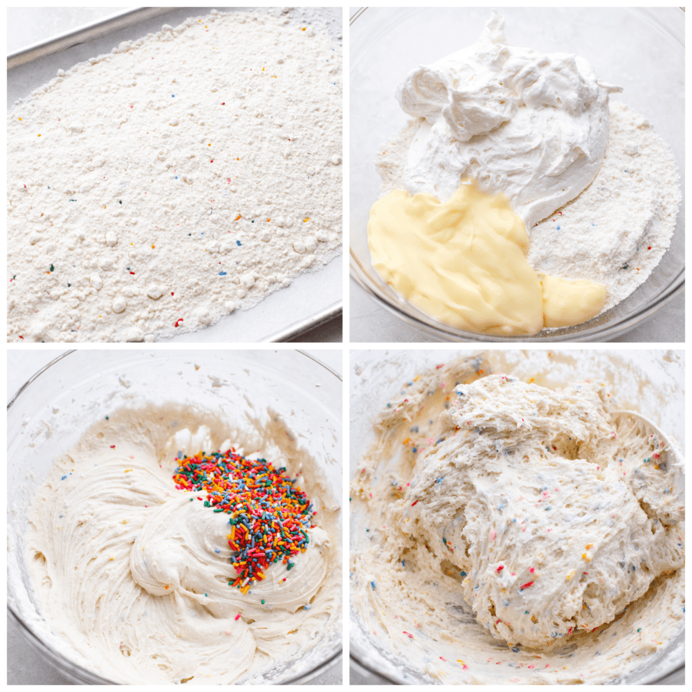 Process photos showing how to bake the cake mix, then add the ingredients and mix.