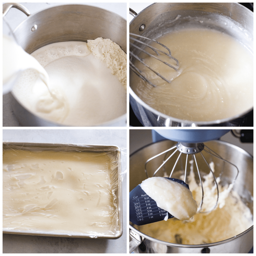 Process photos showing how to make the sweet roux and paste, then whip it up.