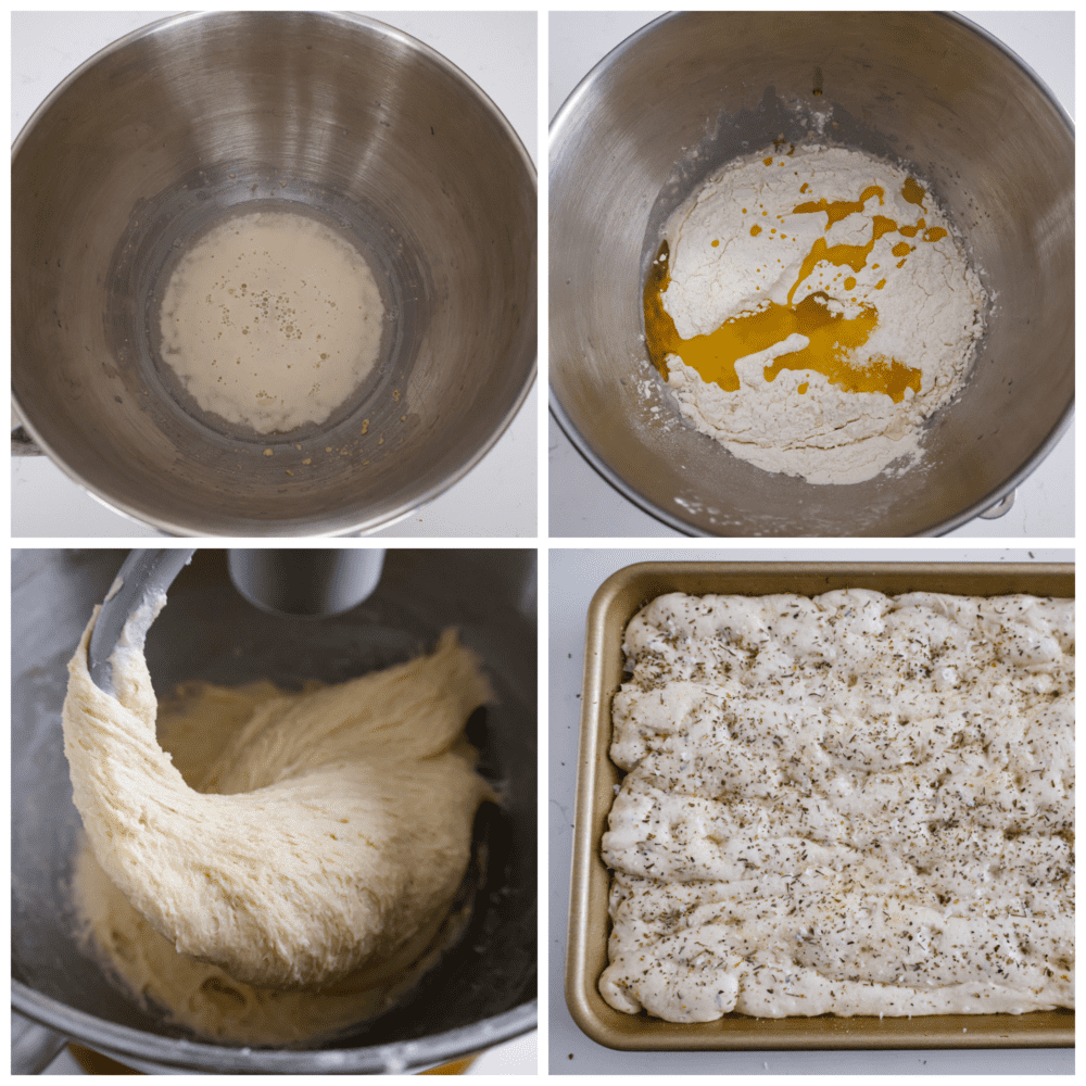 Process photos showing how to make the dough and put it in the pan.