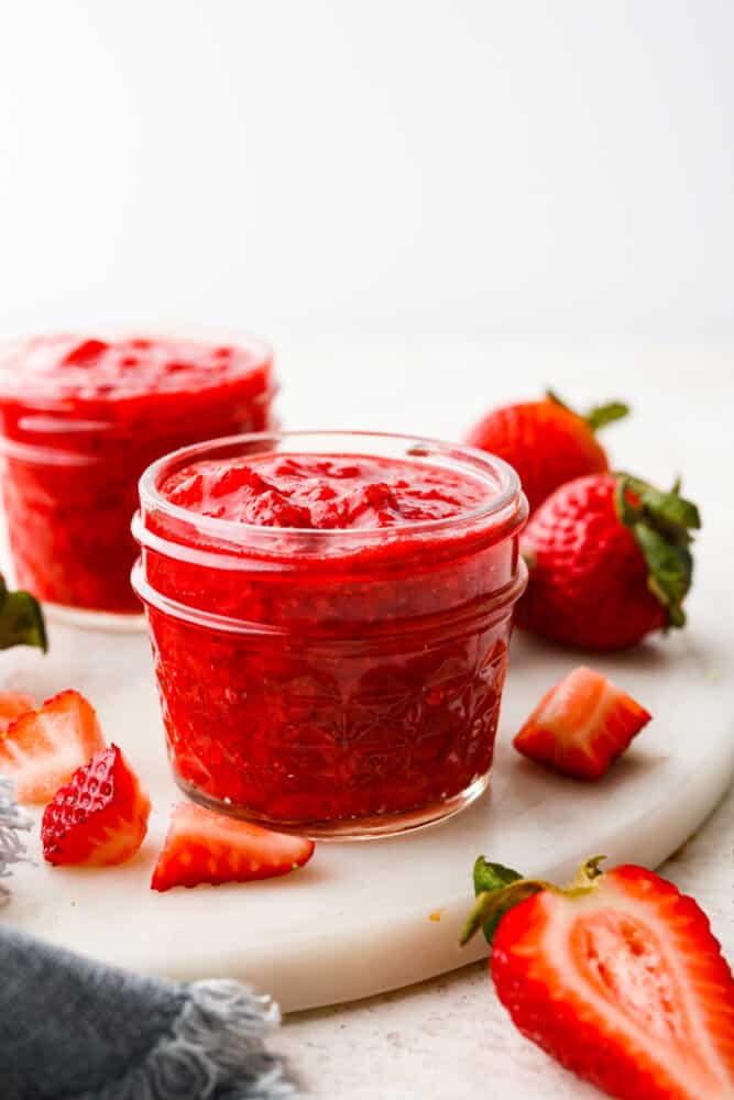 Strawberry sauce in a cute little mason jar.