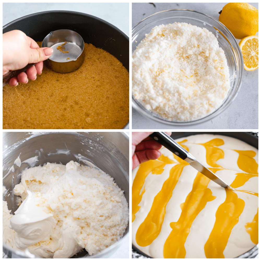 4-photo collage of lemon curd, crust, and filling being prepared.